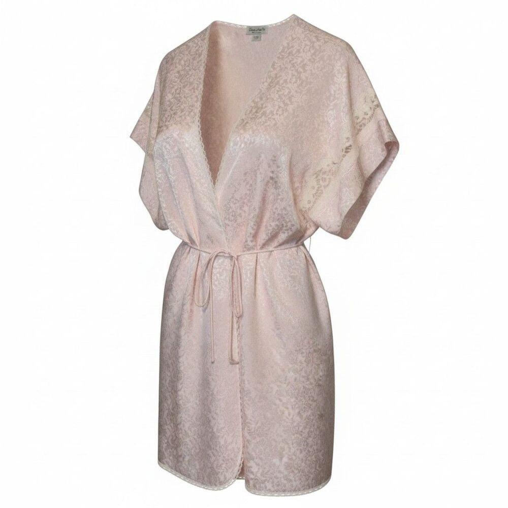 Vtg Lucie Ann II Pink Floral Coquette Jacquard Satin Robe Lace Trim USA Made M/L